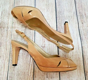 STUART WEITZMAN 6.5 TAN OPEN TOE SLINGBACK PATENT LEATHER HEELS SHOES - Picture 1 of 11