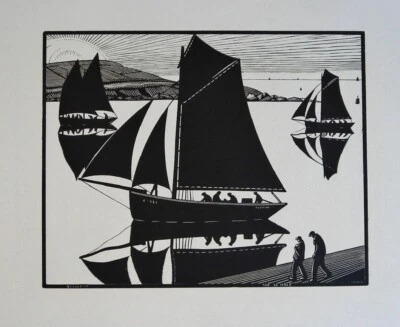 On the Mole Woodcut Print – René Quillivic – 1920 French Maritime Folk Art - Image 1 of 2