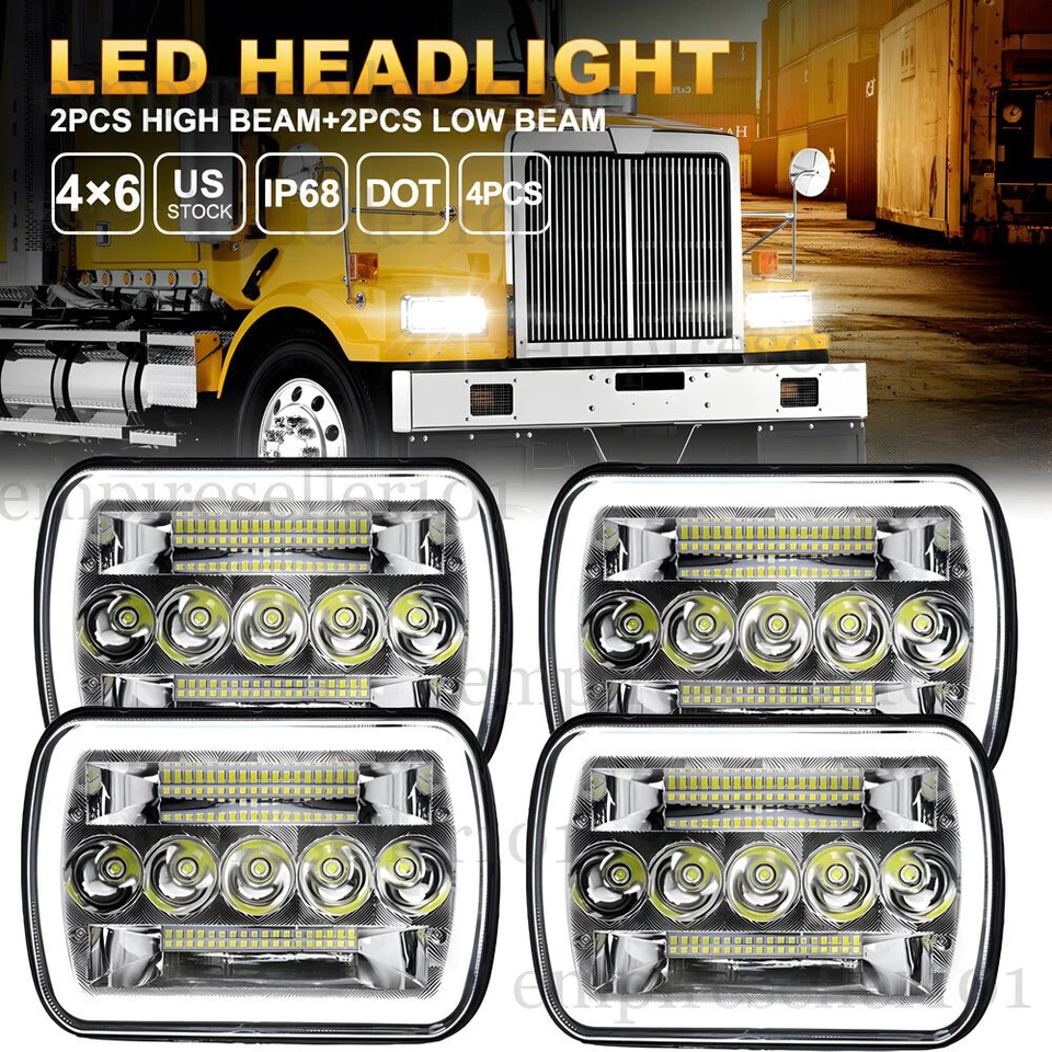 4PCS 4x6" LED Headlights Hi-Low Beam For Kenworth W900 T800 T600A Peterbilt 378 - Image 1 of 4