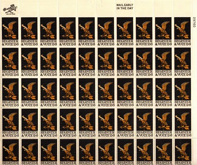 USA 1968 REGISTER & VOTE, EAGLE WEATHER VANE PANE 50 STAMPS 6 CENT SC 1344 MNH - Image 1 of 4