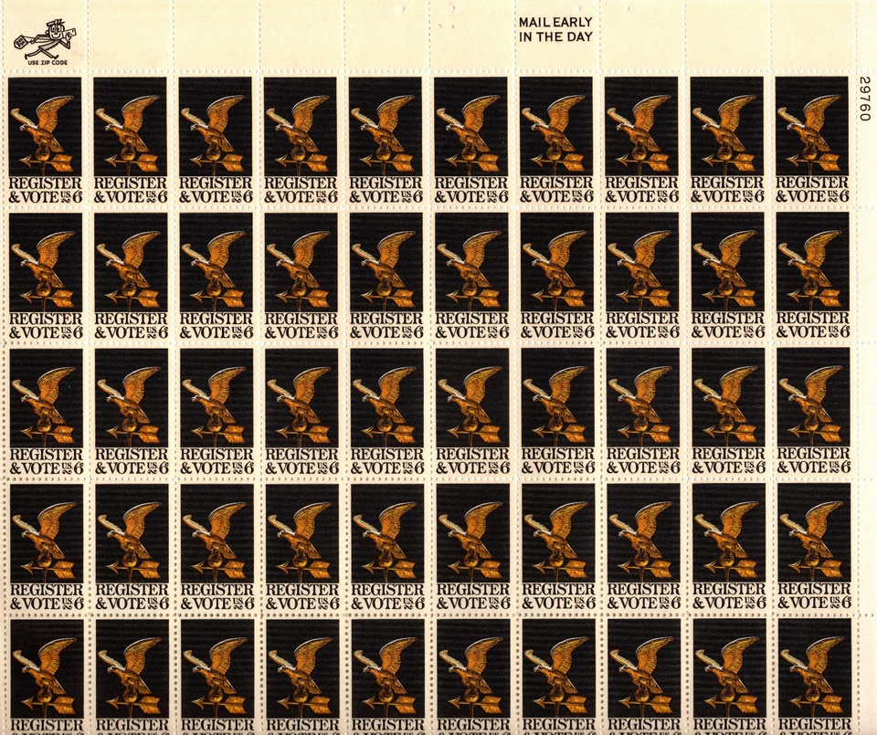 USA 1968 REGISTER & VOTE, EAGLE WEATHER VANE PANE 50 STAMPS 6 CENT SC 1344 MNH - Image 1 of 4