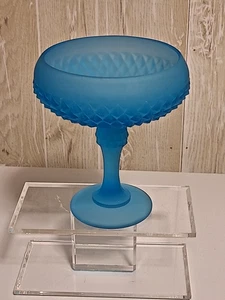 Vtg Indiana Glass Frosted Blue Satin Diamond Point Pedestal Compote Candy Dish - Picture 1 of 4