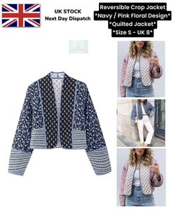 Women Reversible Jacket Navy Paisley Boho Floral 2 in 1 Jacket Size 8 Small Quil - Picture 1 of 22