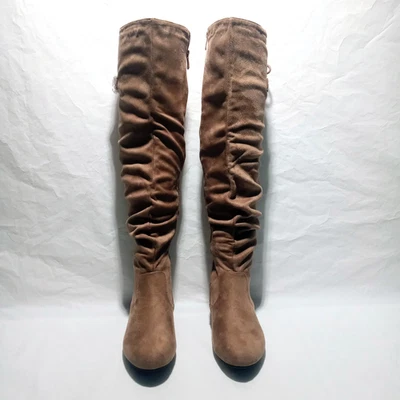 Women Over The Knee Boots Slouch Suede Low Heel Boots Lace-up Back & Zip Khaki - Image 1 of 4