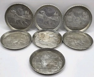 Lot Of 7 Vintage Embossed Aluminum/ Metal 3 1/4" Coasters Hunting Dog Design  - Picture 1 of 6