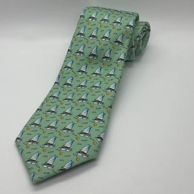 Vineyard Vines Tie Boys/Teen Green Sailboat AOP All Silk Marthas Necktie NWT - Image 1 of 4