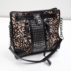 Michael Kors Hamilton Studded Premium Calf-Hair Fur Leather Satchel Tote Bag - Picture 1 of 11