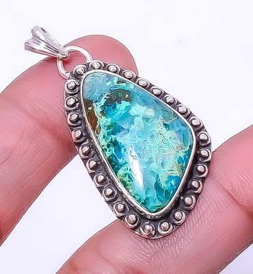 Дизайнерский кулон из стерлингового серебра 925 пробы с хризоколлой - Африка 1,68 дюйма P735-14 - Изображение 1 из 4