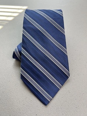 Claiborne Blue, Gray, White Striped Pattern 100% Silk Handmade Designer Tie - Image 1 of 4