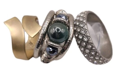 Coiled Boho Gold-Tone Hinged Silver Tone Rhinestone Statement Bracelet Lot - Image 1 of 4