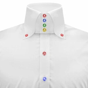 High Button Down Polo Collar Men Grooms Outfit White Shirt with Colorful Buttons - Picture 1 of 10