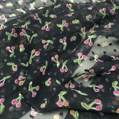 Cherry Fabric Soft Chiffon Fabric Print Cherry Dot Embroidered Lace Fabric 1Yard - Image 1 of 4