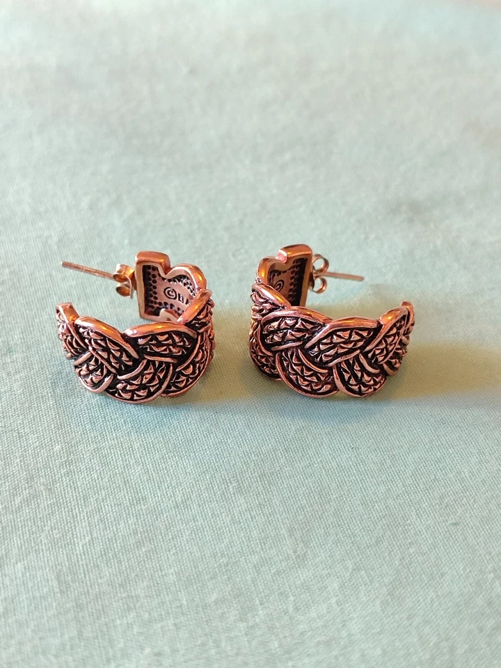 Pendientes de aro grueso de cobre macizo tailandés Barse firmados cuerda trenzada tejida Foto 1 de 4