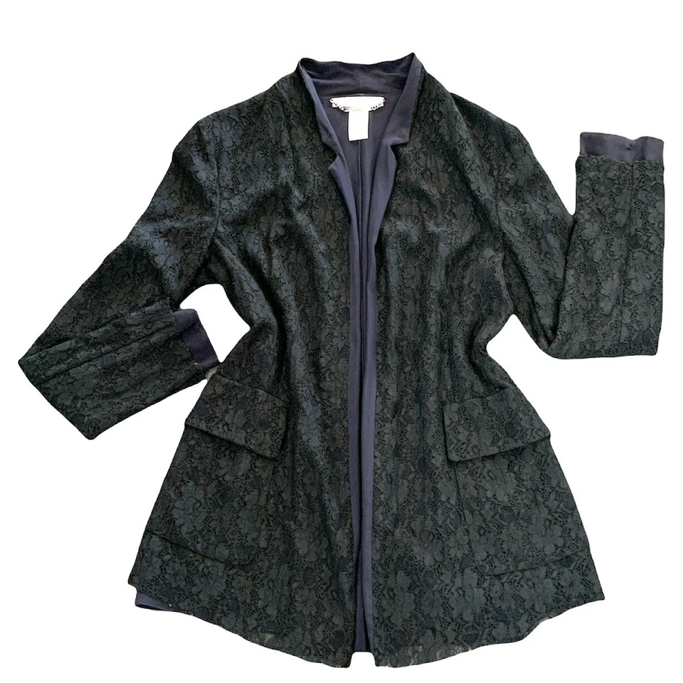 Les Copains Wm Italy Sz 44 US 8 Silk Blend Lace Blazer Jacket Pockets Gray 9i - Image 1 of 4