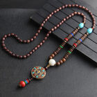 Retro Elegant Ethnic Nepali Wooden Bead Pendant Necklace Long Chain Boho Jewelry