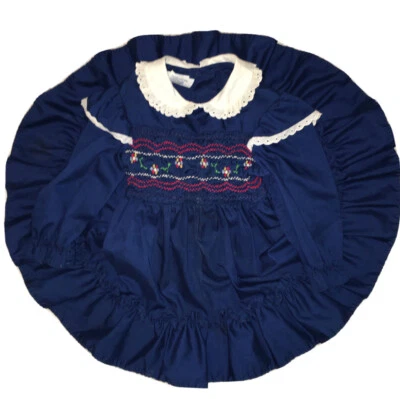 Antigo Vestido Polly Flinders 4 Meninas Azul Mão Smocked Círculo Completo LS Flutter Cap Muito Bom Estado - Imagem 1 de 4