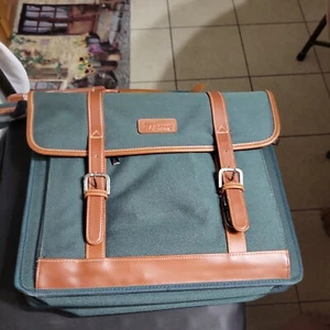 Targus Forest Green Waxed Canvas W/ Tan Leather Briefcase Laptop Bag-Shoulder - Picture 1 of 8