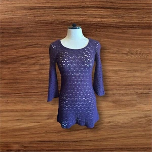 Mini Vestido Tejido Púrpura Suelto Tejido Ajustado Lana Transparente Mangas 3/4 - Imagen 1 de 10