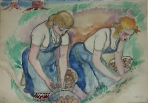 Acquerello disegno raccolta patate persone Max Burchartz eredità 1947 - Foto 1 di 7