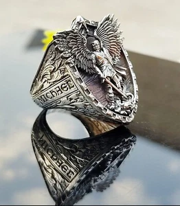 Saint Michael Archangel with Wing Zodiac Men's Ring 925 Handmade Sterling Sliver - Picture 1 of 16