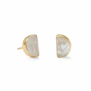 10mm Half Moon Rainbow Moonstone Bezel Stud Earrings 14K Yellow Gold Plated 925S - Picture 1 of 2