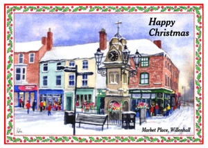 WILLENHALL MARKET PLACE ARTISTS PAINTING GLOSSY CHRISTMAS CARD 8"x 6" FREE POST - Picture 1 of 2