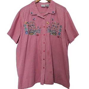 Vintage Blouse Womens Size 3X Red Plaid Retro 90s Button Floral Garden Cottage - Picture 1 of 10