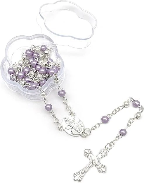 12 x Wholesale Bulk purple & silverFaux Pearl Rosaries for Baptism, Wedding, - Image 1 of 1