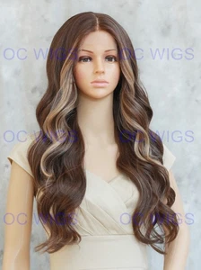 Lange Körperwellen Hitze OK Lace Front Echthaar Mischung Perücke mittelbraun/blond EVGE - Bild 1 von 10