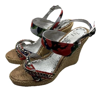 Sapatos anabela Beverly Feldman espadrille 8M floral metal detalhe corrente $165 - Imagem 1 de 4