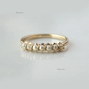 14K Gold Genuine Freshwater Pearl Half Eternity Wedding Band Ring Fine Jewelry - Picture 1 of 11