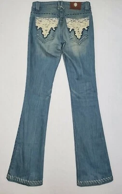 Pantalones de mezclilla antiguos para mujer talla 25 azul lavado corte bota elástico encaje punto grande EE. UU.  Foto 1 de 4