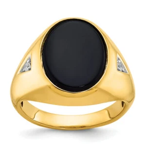 14K Solid Yellow Gold Mens Oval Onyx Diamond Statement Ring - Picture 1 of 90
