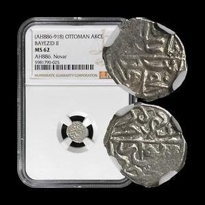 OTTOMAN. 1481, Akce, Silver - NGC MS62 - Bayezid II - Novar, Serbia 025 - Picture 1 of 6