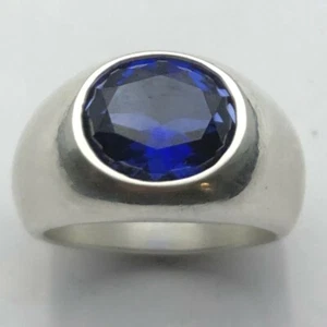 MJG STERLING SILVER MEN'S RING. 12 X 10mm FACETED LAB BLUE SAPPHIRE. SZ 9 3/4 - Picture 1 of 6