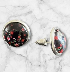 Red Flowers Rose Glass Cabochons Stud Handmade Earrings 12mm - Picture 1 of 2