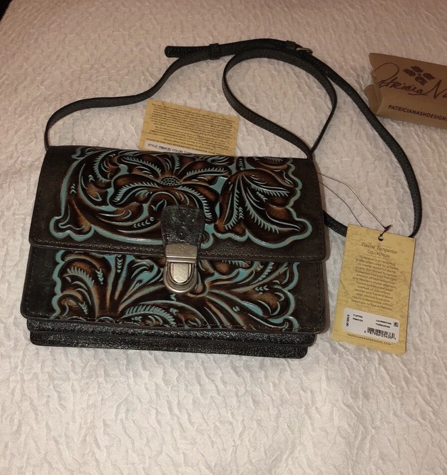 Patricia Nash Laurentina Flap Crossbody P664133 in Turquoise Tooled Leather