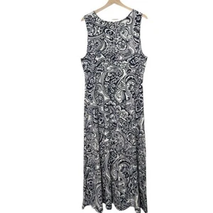Talbots Paisley Knit Jersey Maxi Dress Size XL Navy Blue Fit & Flare Vacation - Picture 1 of 11