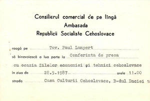 Romania, 1987, Vintage Press Conference Invitation - Embassy of Czechoslovakia - Picture 1 of 1