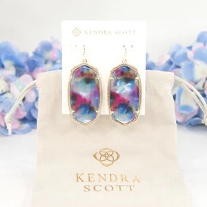 Kendra Scott Danielle Gold Teal Tie Dye Glass Large Statement Earrings NWT - Picture 1 of 5