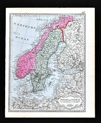 1886 Tunison Map Sweden Norway Finland Denmark Stockholm Christiania Copenhagen - Image 1 of 2