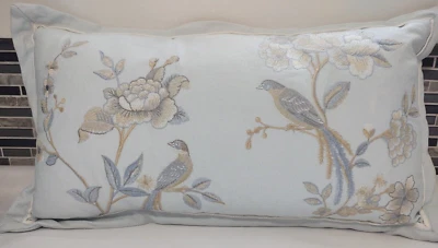 Wamsutta Light Blue Embroidered Bird Floral Rectangular Oblong Decor Toss Pillow - Image 1 of 4