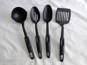 Cooking Utensils Set of 4 Serving Slotted Spoon Ladle Spatula 11" Black Plastic - Picture 1 of 5
