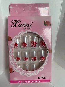 Xucai Tip Beauty Square Nails 12p Set FULL KIT clear w/red flower detail Adult - Picture 1 of 1