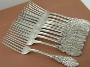 12 Coin Silver WOOD & HUGHES 8" Dinner Size Forks GRECIAN 1864 - Bild 1 von 6