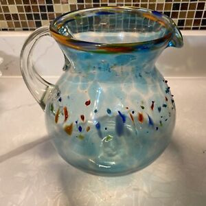 Large Hand Blown Mexican Confetti Glass Pitcher Art Glass, Beautiful!! 8”