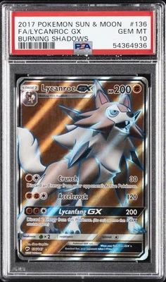 2017 POKEMON SUN & MOON BURNING SHADOWS #136 FULL ART/LYCANROC GX PSA 10 - Image 1 of 2
