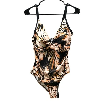 Traje de baño Calvin Klein de una pieza para mujer 12 negro estampado de palma melocotón tropical acolchado Foto 1 de 4