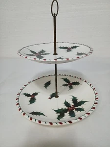 Vintage Lefton Holly Berry Candy Cane Christmas Two-tier Tidbit Tray Hand-painte - Picture 1 of 9