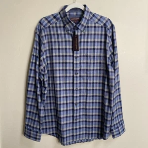 NWT Johnston & Murphy Blue Brushed Gingham Plaid Flannel Button Down Shirt Large - Picture 1 of 12